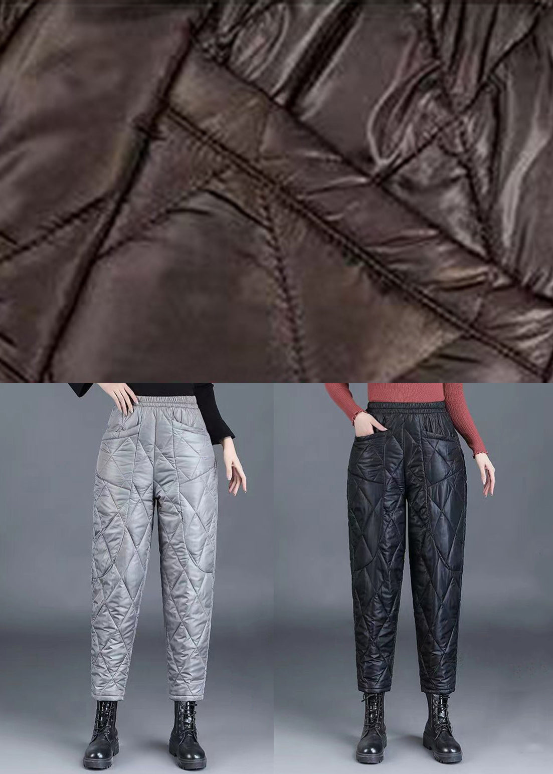 Simple Coffee Pockets Thick High Waist Fine Cotton Filled Harem Pants