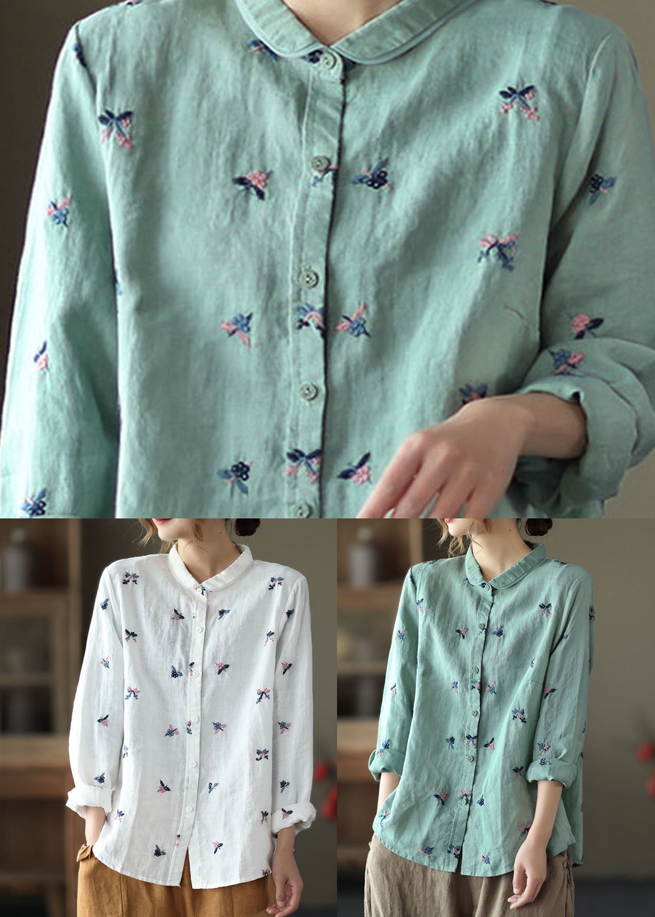 White Peter Pan Collar Embroideried Patchwork Linen Top Spring
