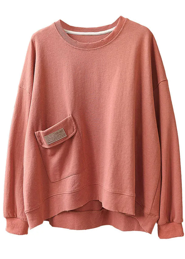 Comfy Brick Red Loose O-neck Pockets Fall Sweatshirt Street Wear