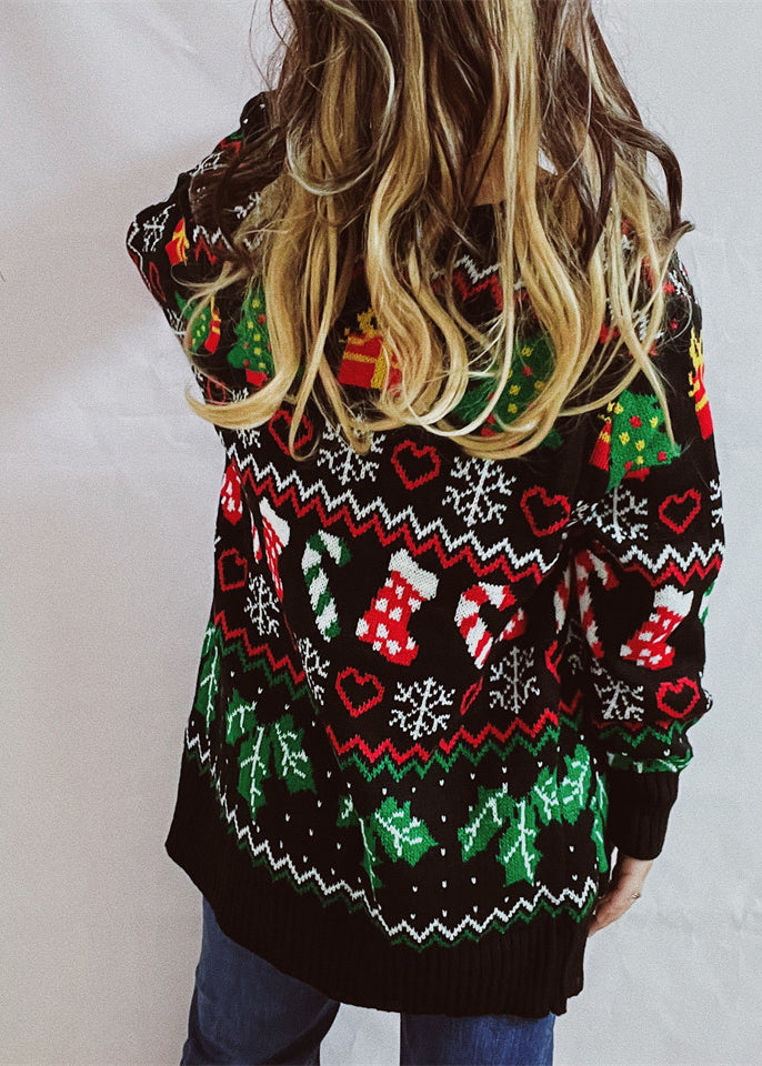 Black V Neck Jacquard Knit Cardigan Fall