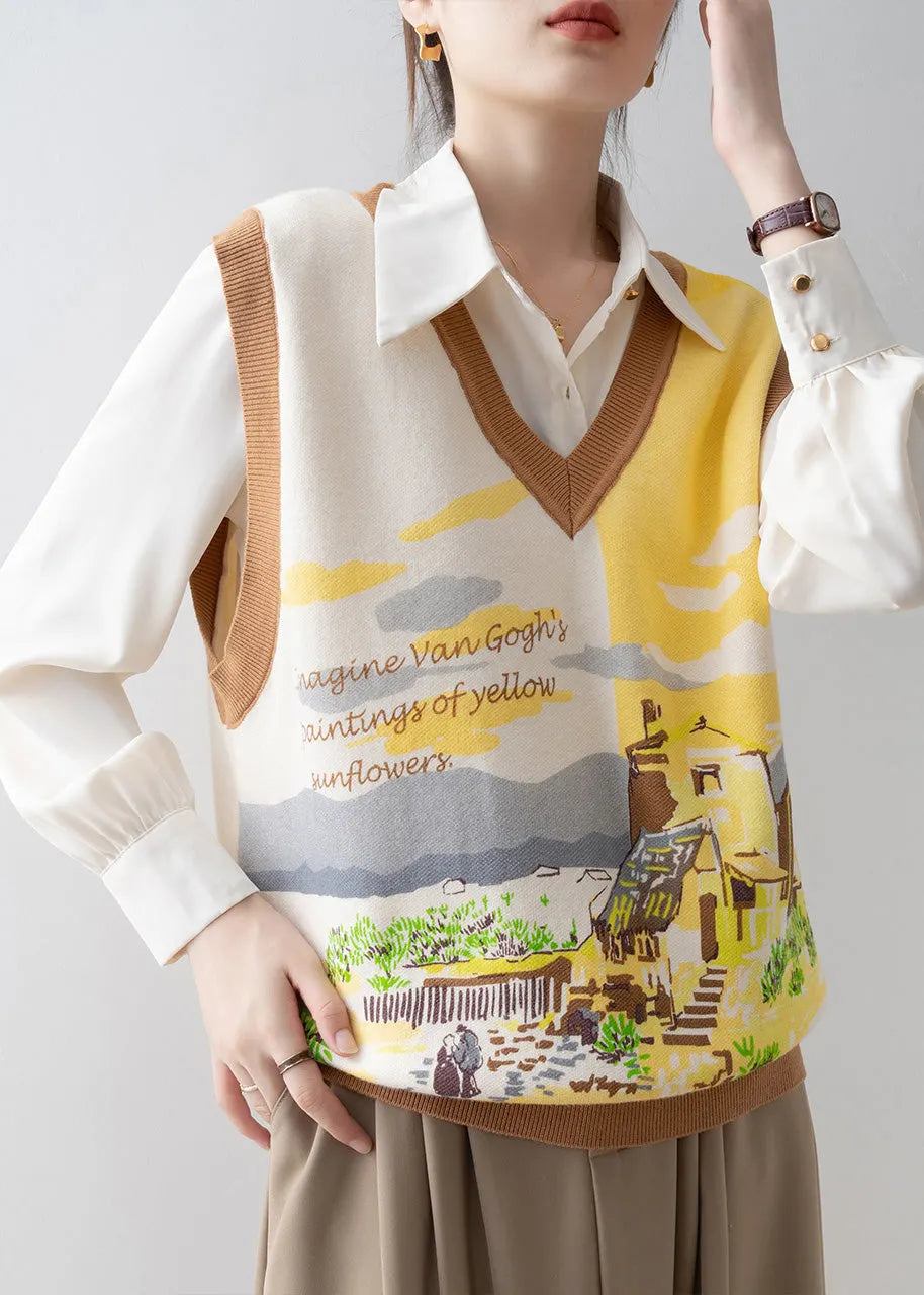 Handmade Yellow V Neck Print Knit Vests Spring