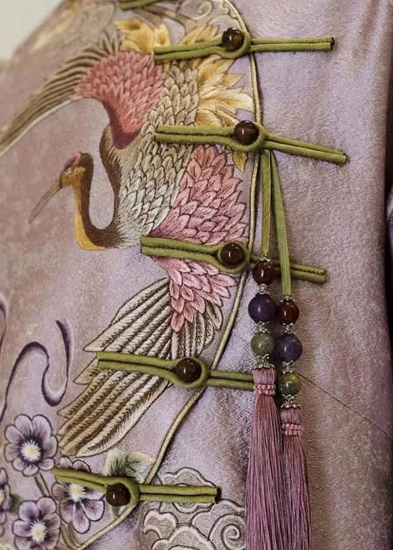 Pink Stand Collar Embroideried Button Silk Cotton Maxi Dresses Fall