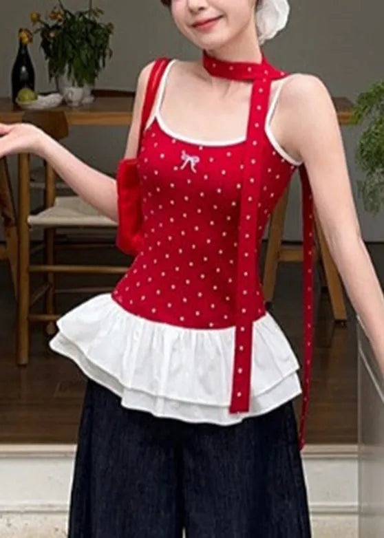 Red Dot Ruffled Patchwork Wrinkled Tank Summer