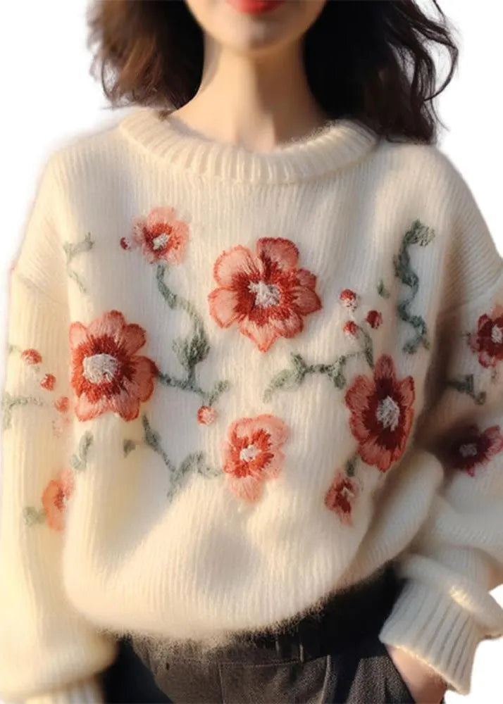 Apricot Embroidered Cozy Cotton Knit Sweater Winter