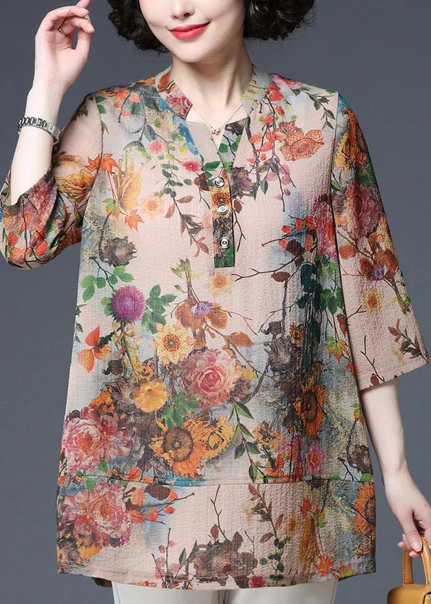 V Neck Print Button Cotton Shirts Three Quarter Sleeve