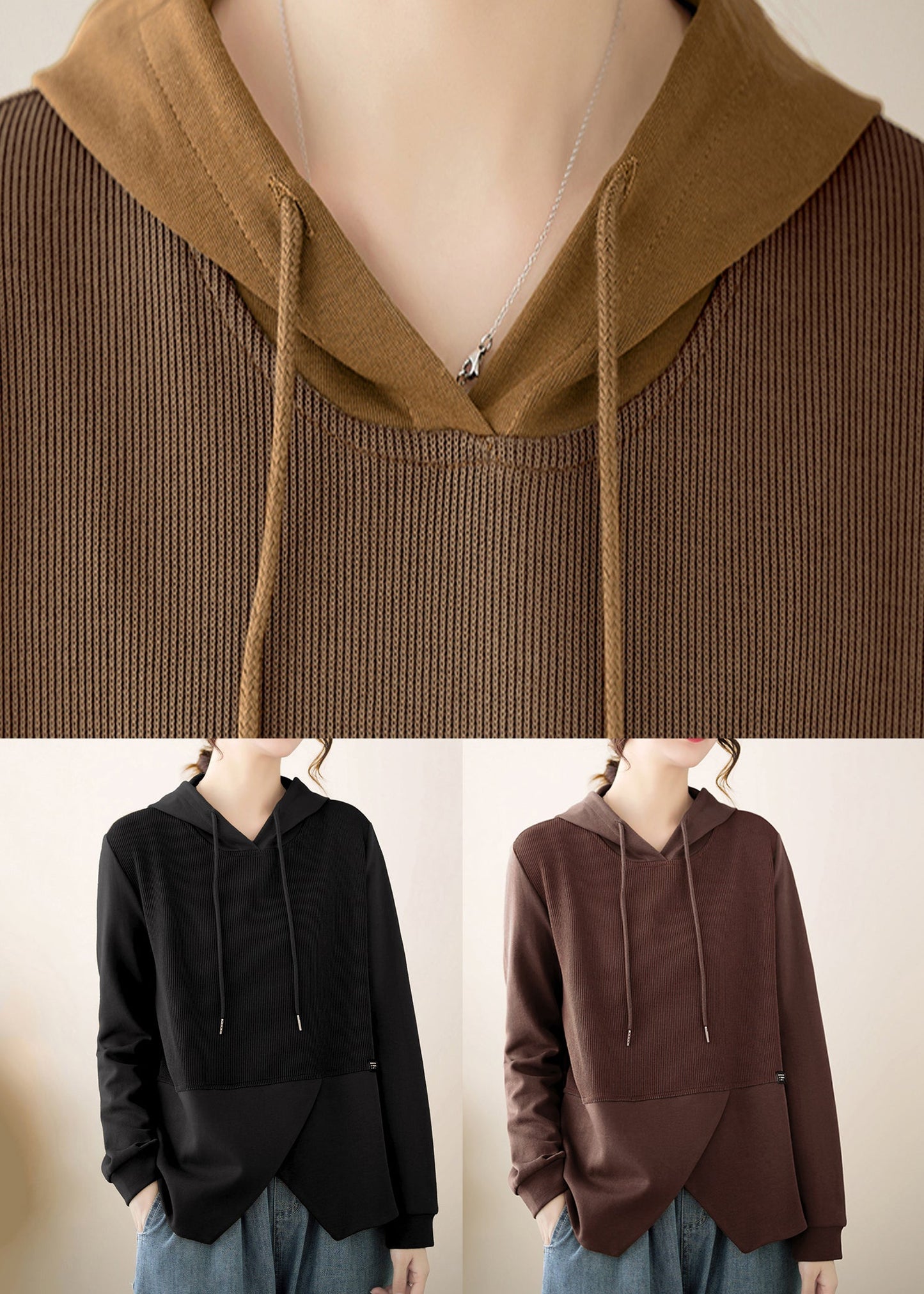 Black Patchwork Cotton Hooded Pullover Asymmetrical Fall