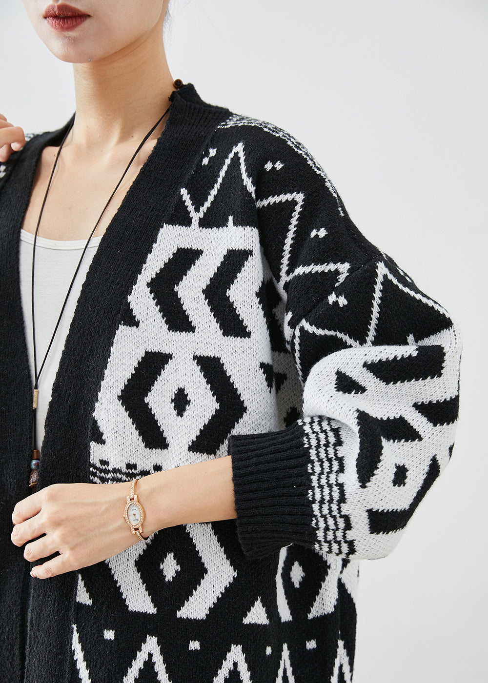 Black Oversized Print Knit Long Cardigans Fall