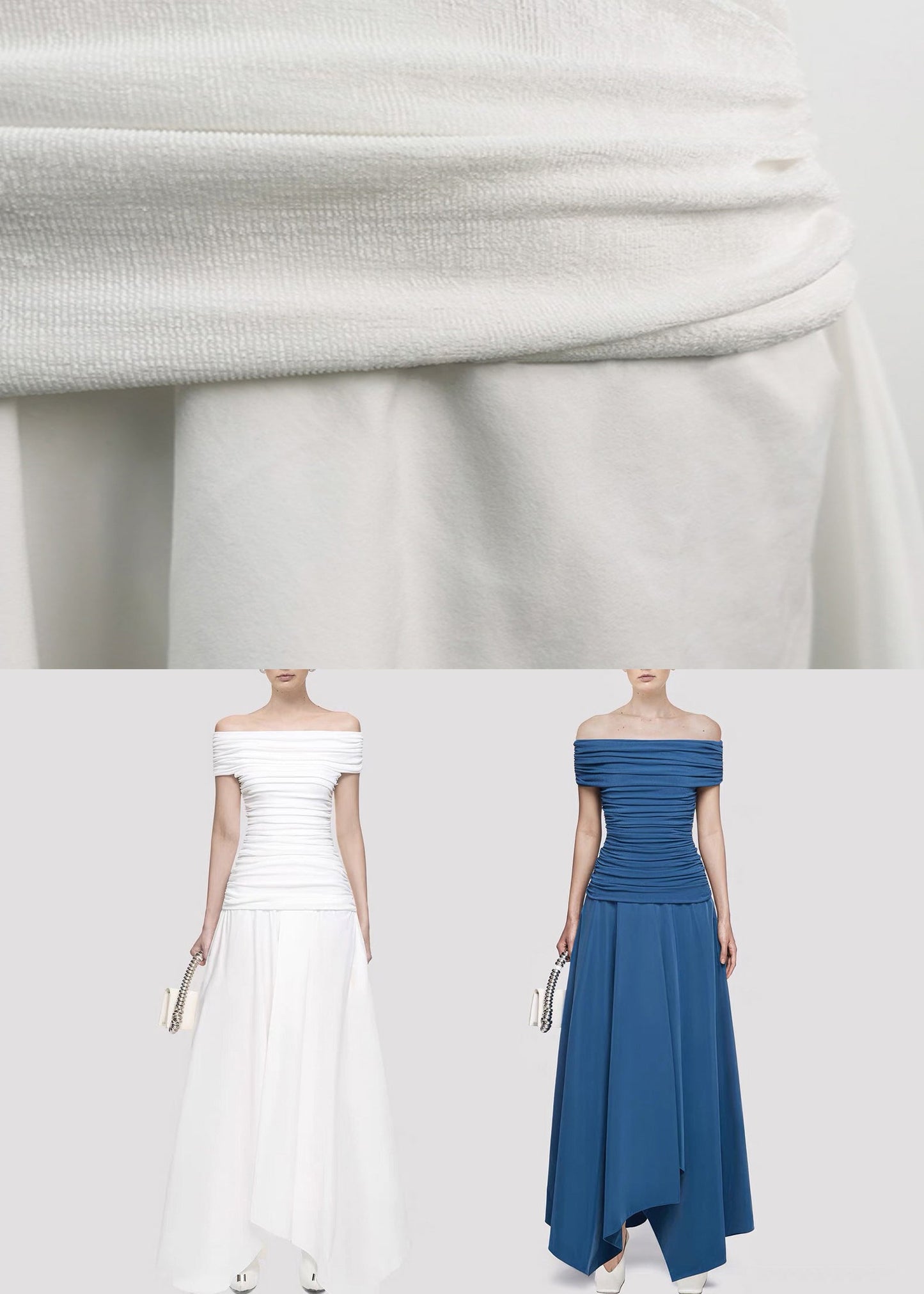 Original White Slash Neck Wrinkled Knitting Cotton Long Dress Summer