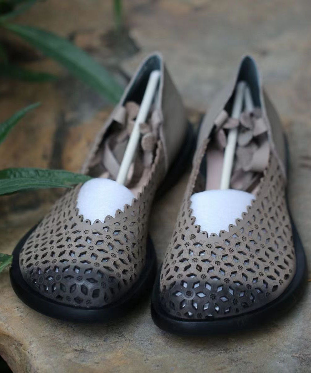 Grey Flat Shoes Calf Fitted Splicing Hollow Out Cross Strap