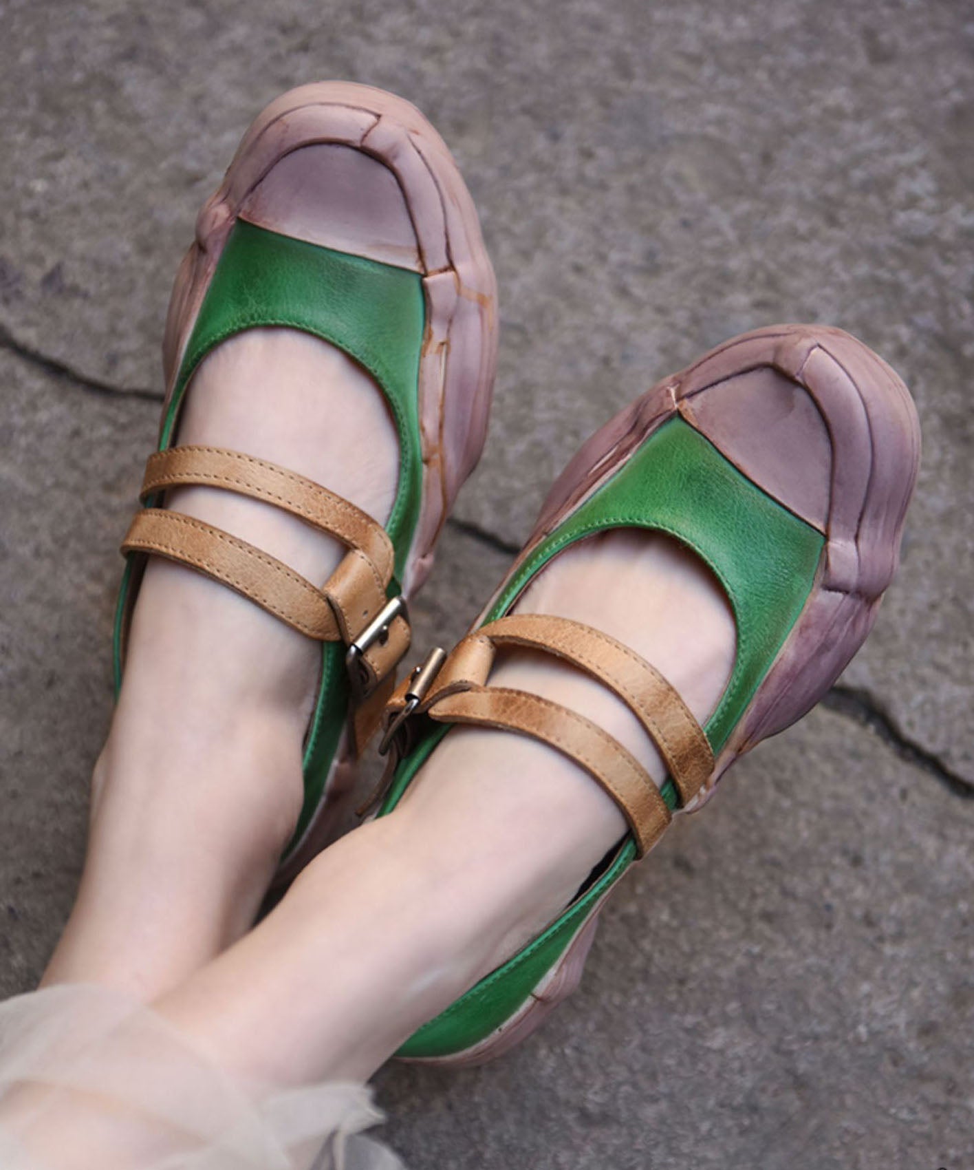 Simple Splicing Flat Shoes for Green Cowhide Leather Buckle Strap