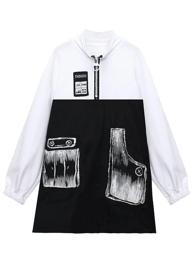 Pockets Print Patchwork Zippered Fall Sweatshirts Top