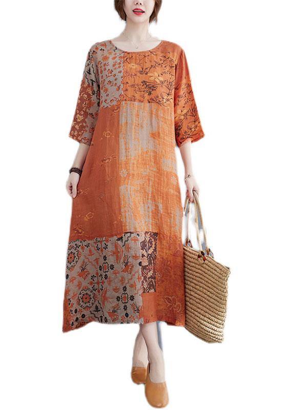 Modern Color Block Loose O-neck Print Summer Side Open Dress Half Sleeve