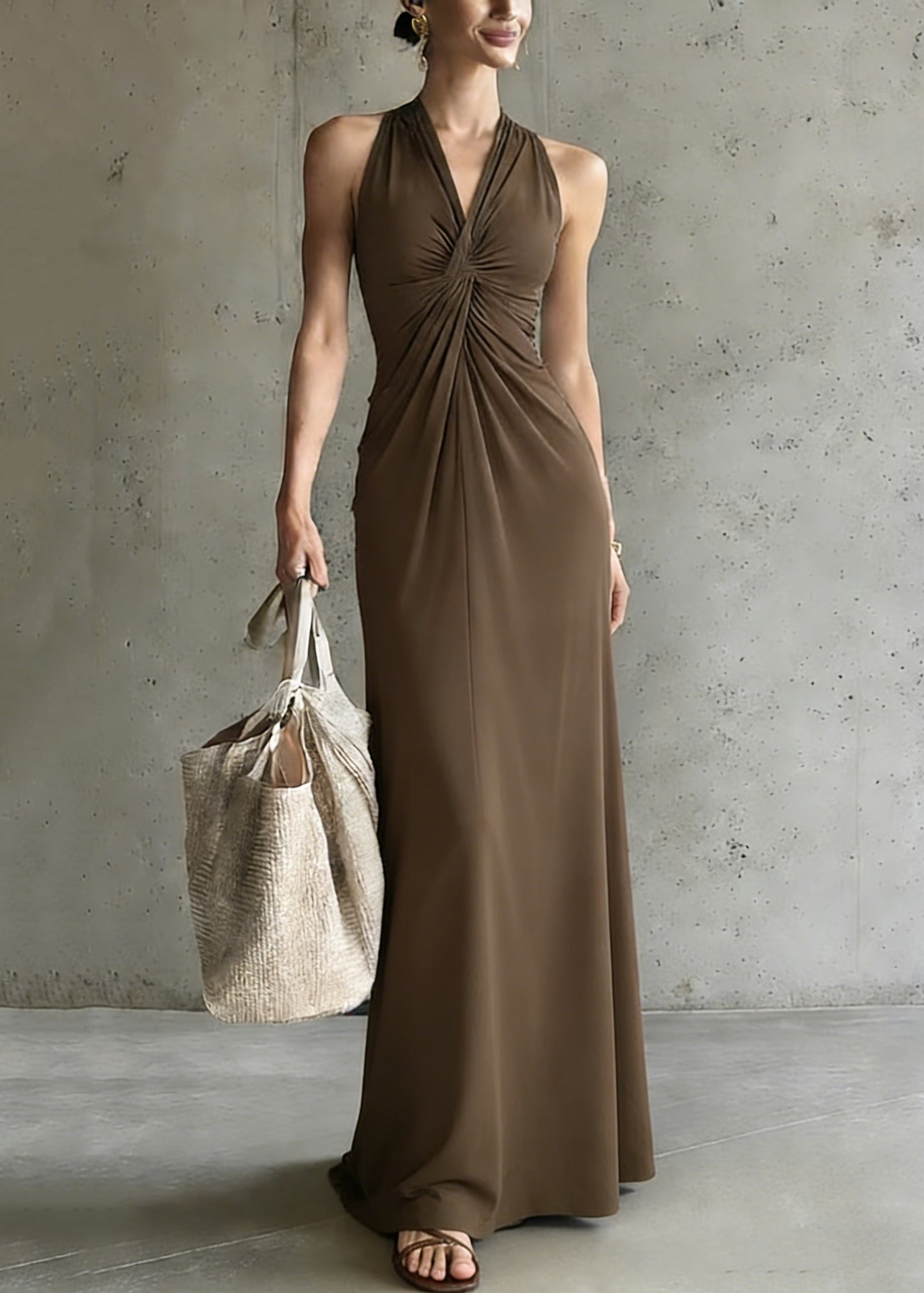 Coffee V Neck Cold Shoulder Wrinkled Long Dress Summer