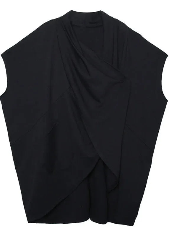 Loose Black Bat Wing Sleeve Pockets Asymmetrical Design Fall Tops