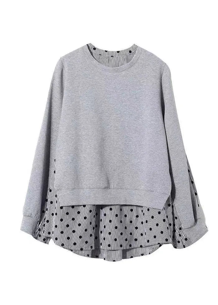 Grey O Neck False Two Pieces Patchwork Cotton Top Fall