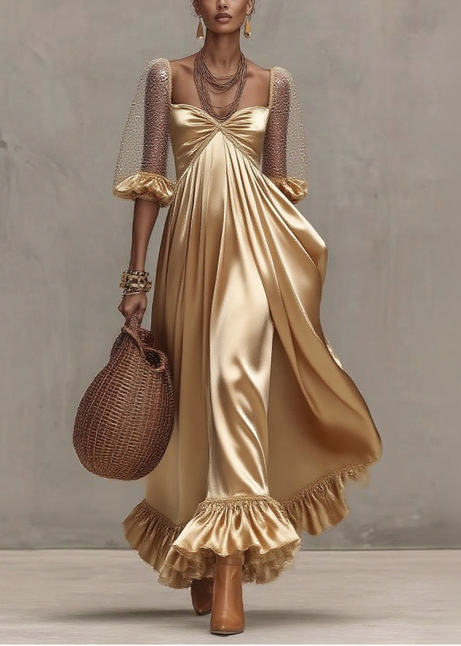 Golden Exra Large Hem Patchwork Tulle Maxi Dresses Summer
