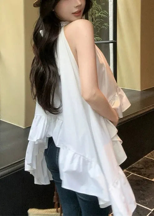 White Ruffled Exra Large Hem Cotton Shirt Sleeveless