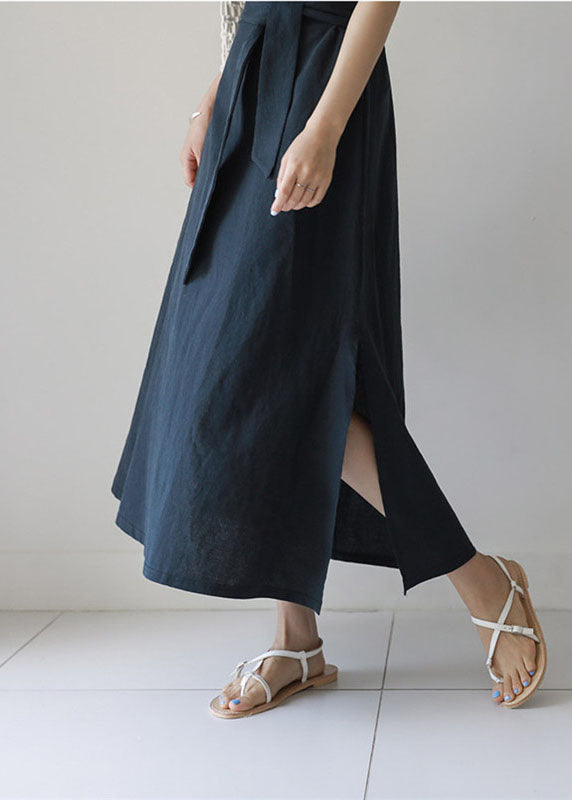 Navy O Neck Patchwork Side Open Tie Waist Cotton Dresses Summer