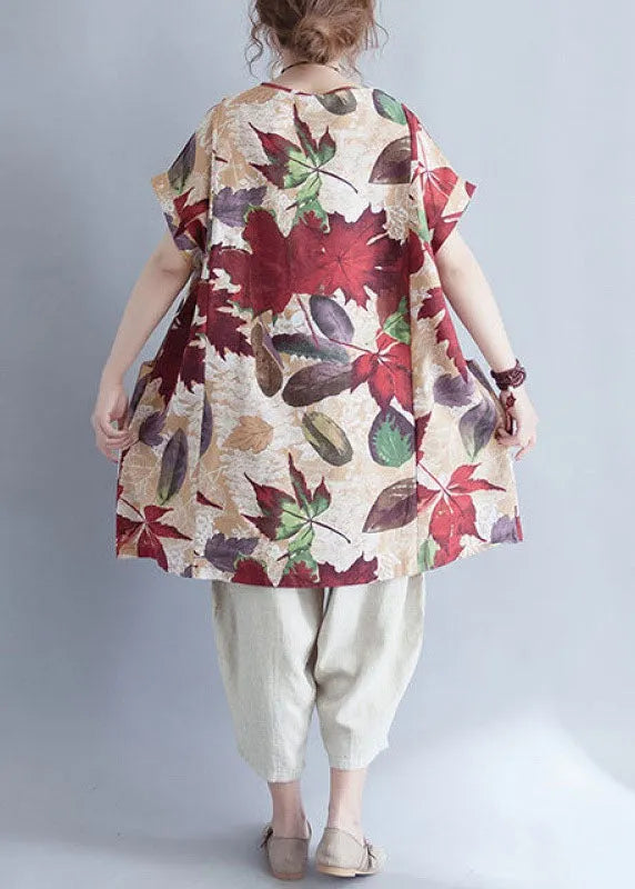Retro O-neck Print Loose Fall Top Short Sleeve