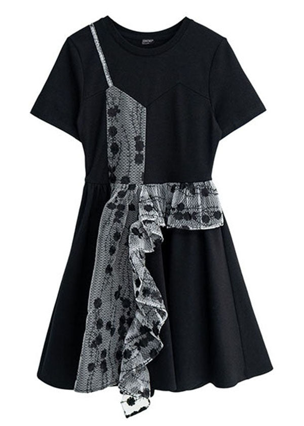 French Black O-neck Asymmetrical Design Patchwork Ruffles Cotton Fake Two Pieces Pleated Dresses Summer