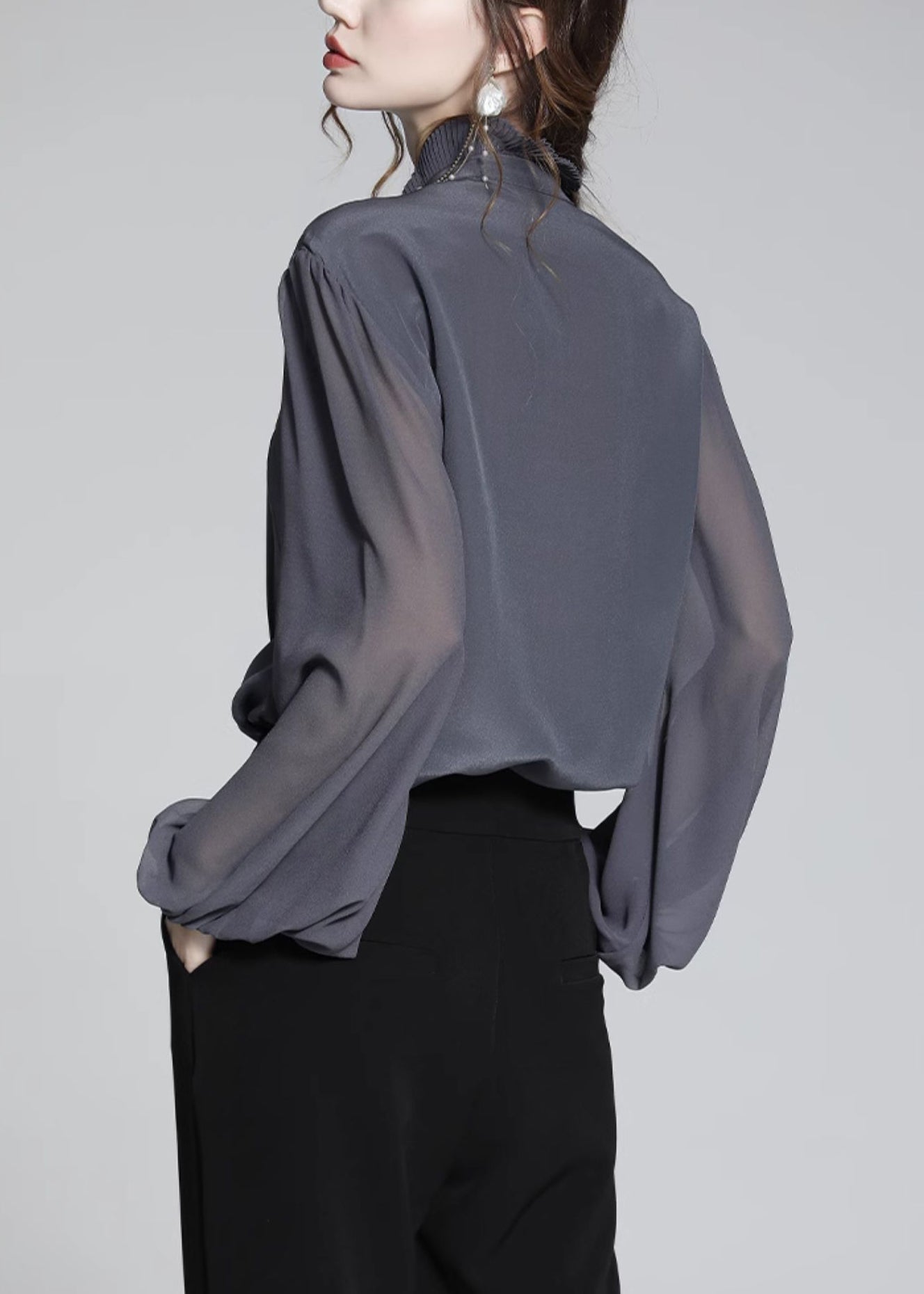 Italian Grey Ruffled Silk Blouses Fall