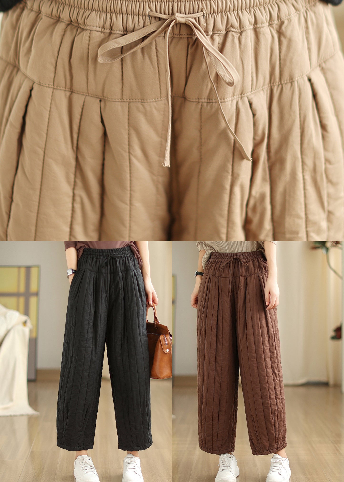 Coffee Cinched Pockets Patchwork Fine Cotton Filled Pants Winter