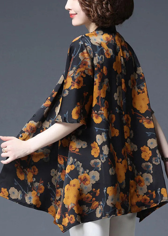 Yellow Print Stand Collar Button Chiffon Tops Half Sleeve