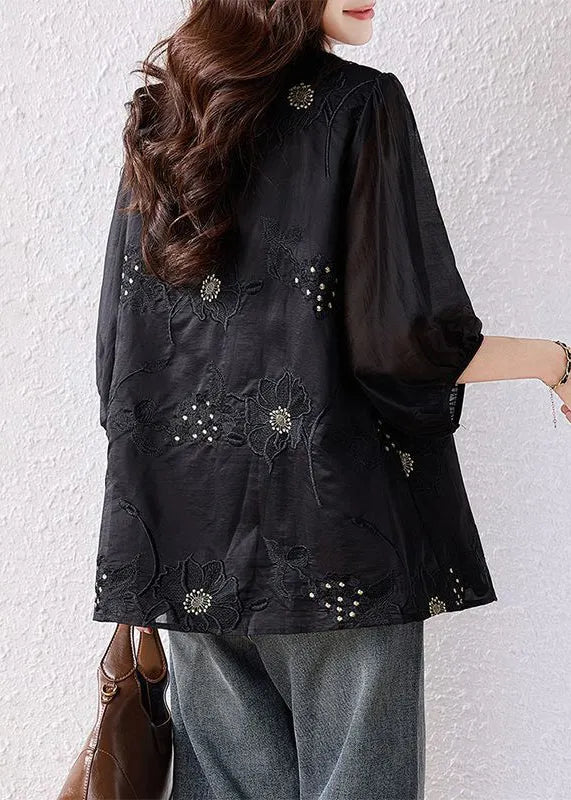 Loose Black Embroidered Nail Bead Cotton Blouses Bracelet Sleeve