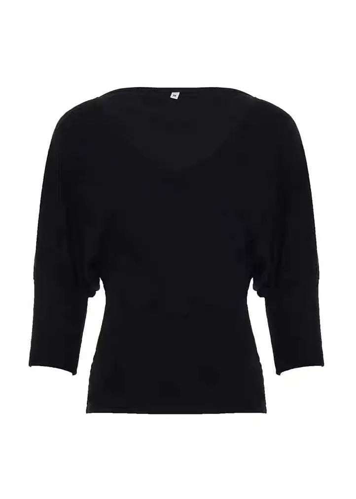 French Black V Neck Knit Shirt Batwing Sleeve