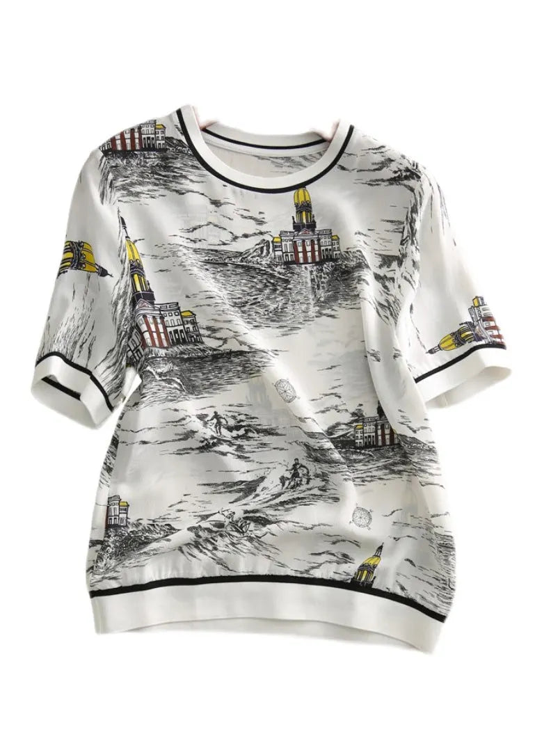 Vogue O-neck Print Silk T Shirt Short Sleeve
