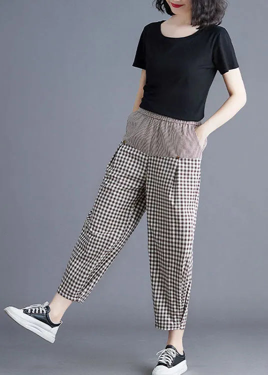 Khaki Plaid Elastic Waist Patchwork Linen Harem Pants Summer