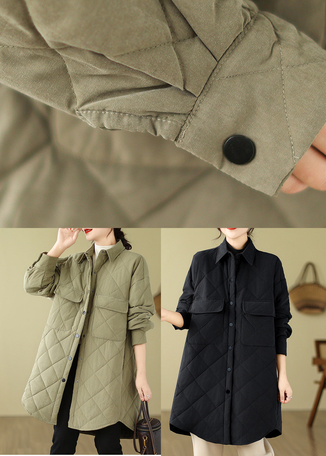 Black Peter Pan Collar Pockets Fine Cotton Filled Puffers Jackets Winter