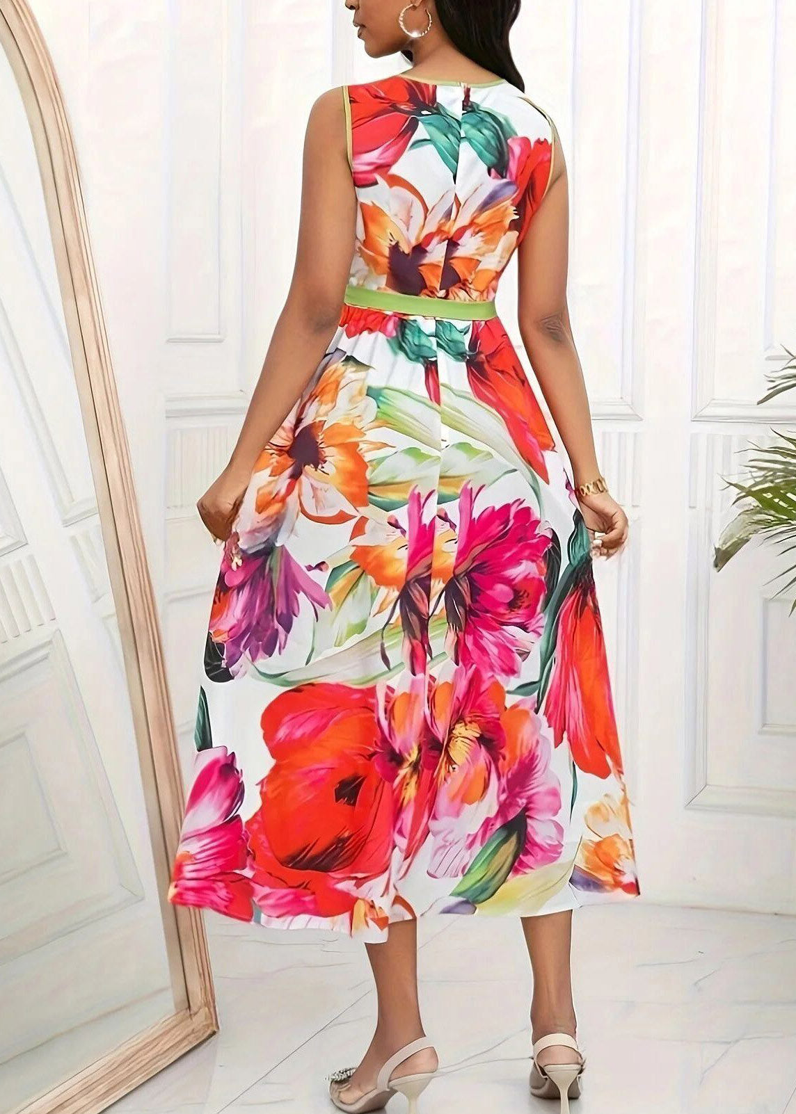 Red O-neck Print Tie Waist Maxi Dress Sleeveless