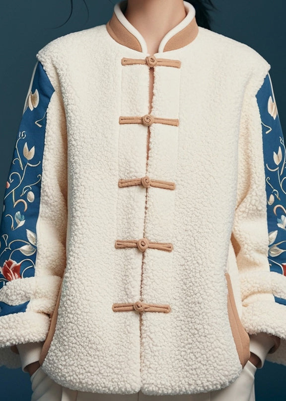 White Button Print Patchwork Teddy Faux Fur Coats Winter