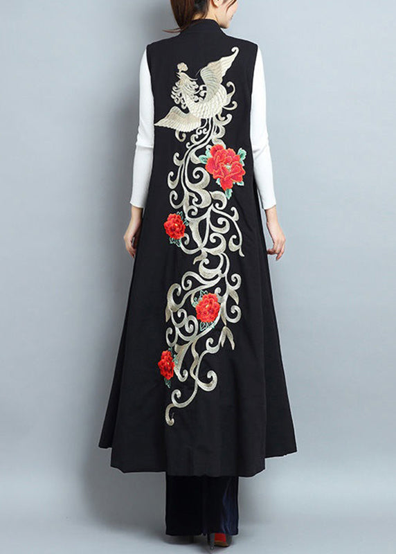 Black Embroideried Side Open Patchwork Cotton Long Waistcoat Sleeveless