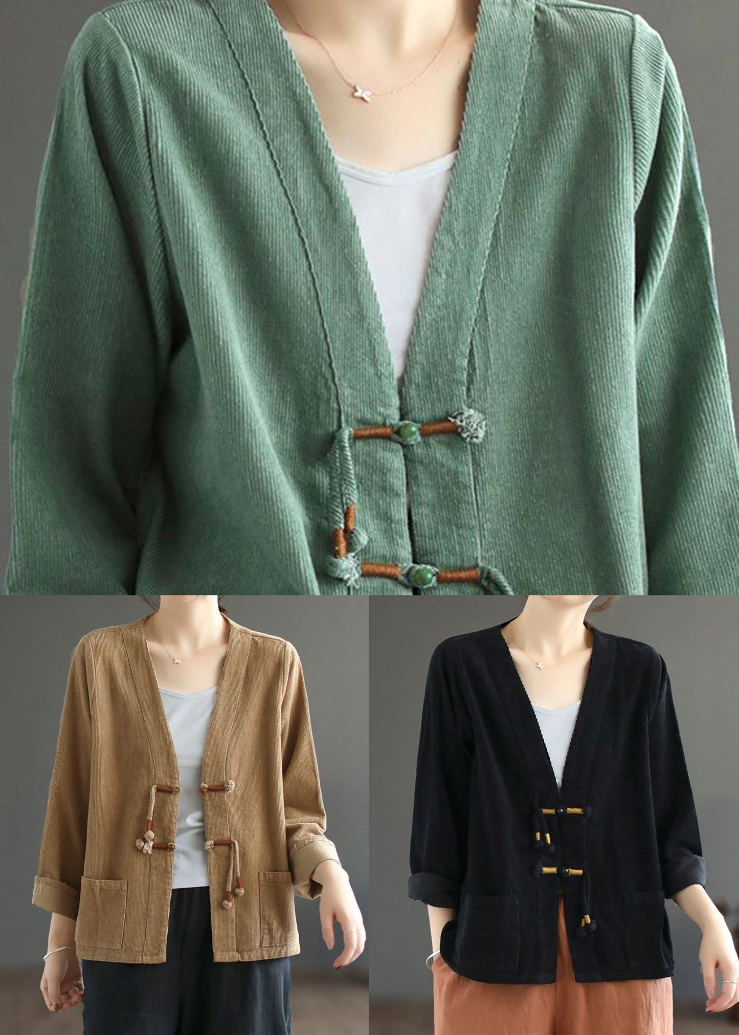 Green Tasseled Pockets Patchwork Corduroy Coat Fall