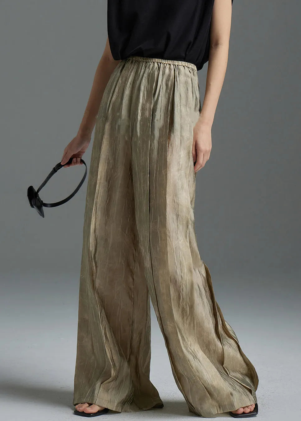 Modern Khaki Wrinkled Elastic Waist Silk Pants Spring