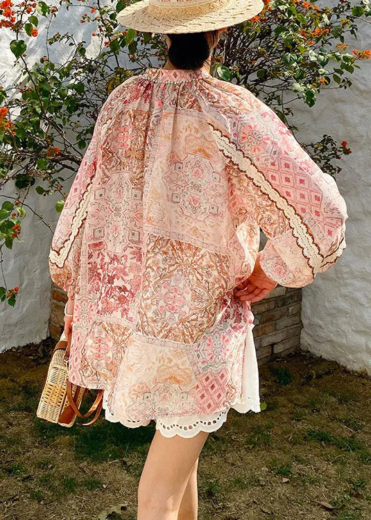Loose V Neck Print Lace Up Chiffon Shirts Spring