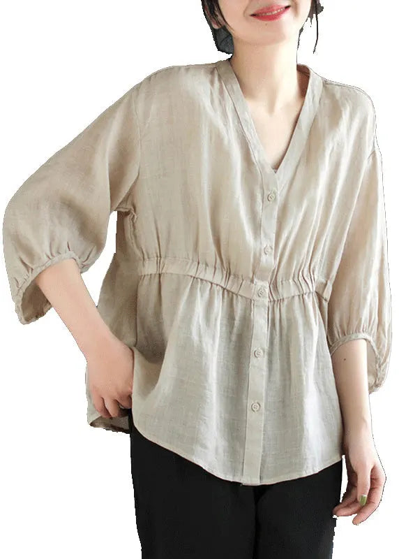 Light Camel V Neck Button Linen Blouses Summer