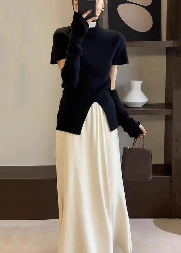 Simple Apricot Side Open Tops and Brown Skirts Knit Two Pieces Set Spring