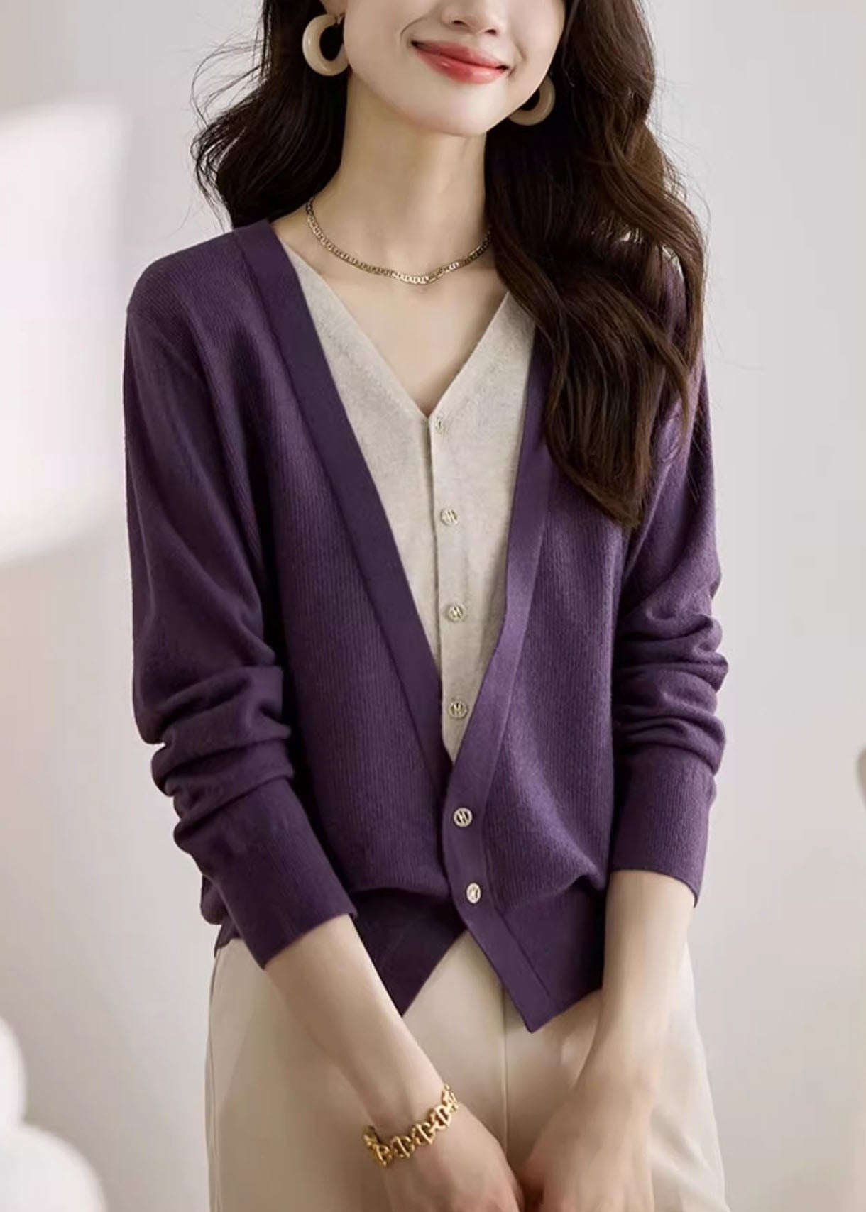 Red V Neck Patchwork False Two Pieces Knit Coat Spring
