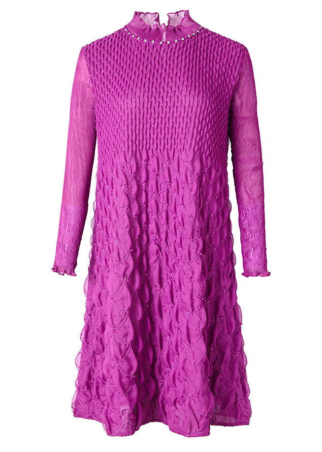 Purple Stand Collar Zircon Wrinkled Mid Dresses Fall