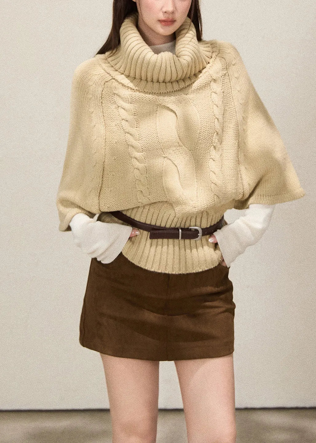 Khaki Turtle Neck Thick Knit Sweaters Batwing Sleeve