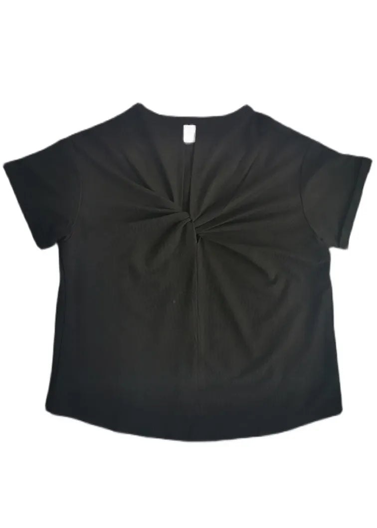 Organic Black O-neck Bow Cotton Tops Short Sleeve