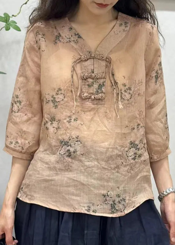 Pink Chinese Button Print Linen Shirt Half Sleeve