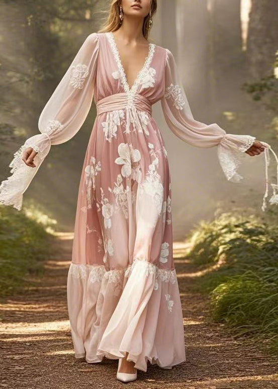 Natural Pink Print Lace Patchwork Chiffon Maxi Dresses Flare Sleeve Spring