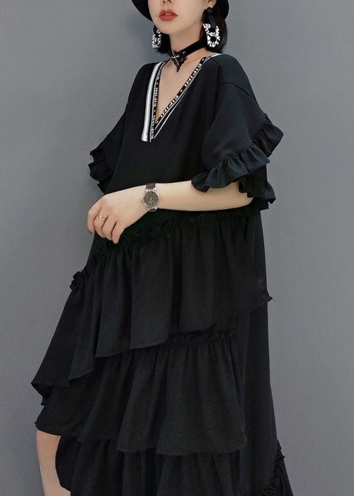 Art Black V Neck Ruffled Asymmetrical Long Dress Spring