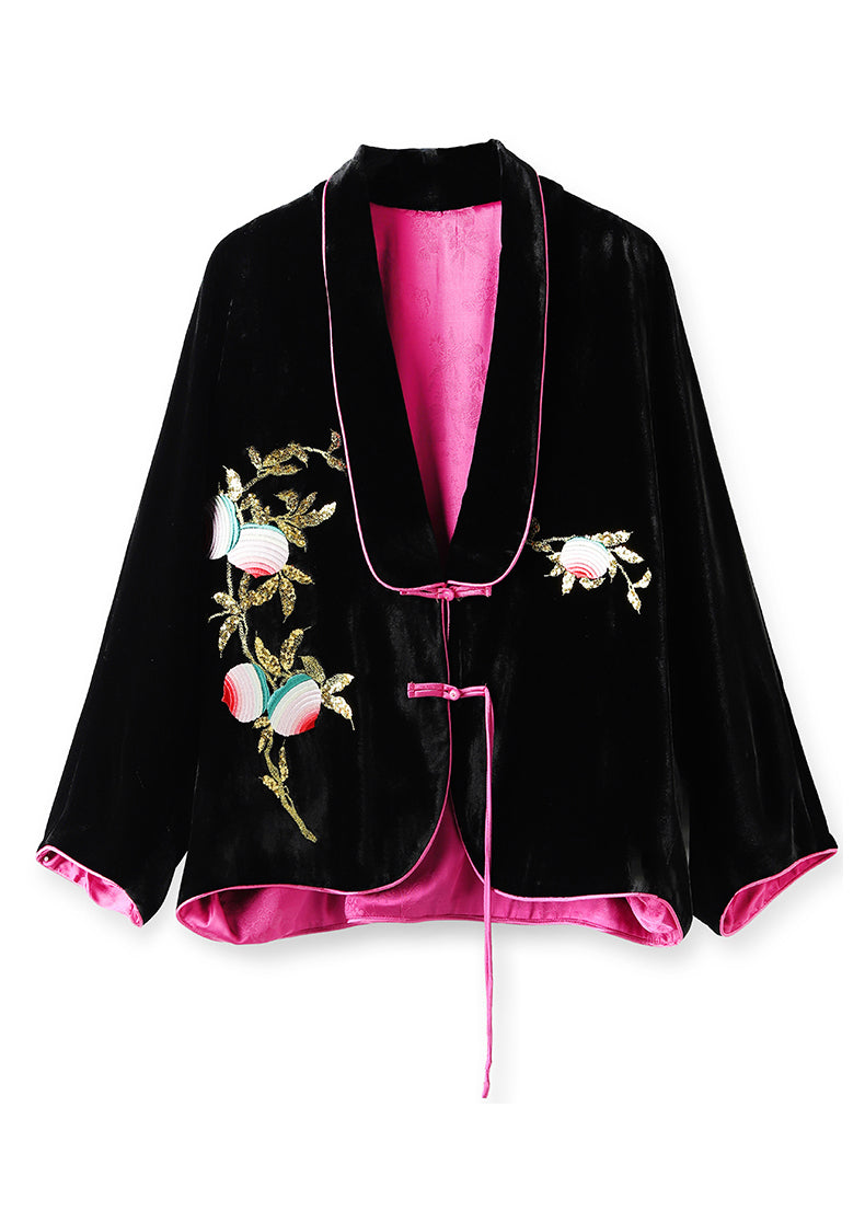 Black Chinese Button Embroideried Silk Velour Coats Long Sleeve