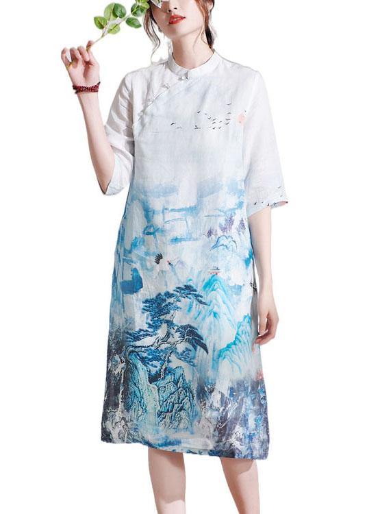 White Patchwork Button Print Summer Ramie Mid Dress Half Sleeve