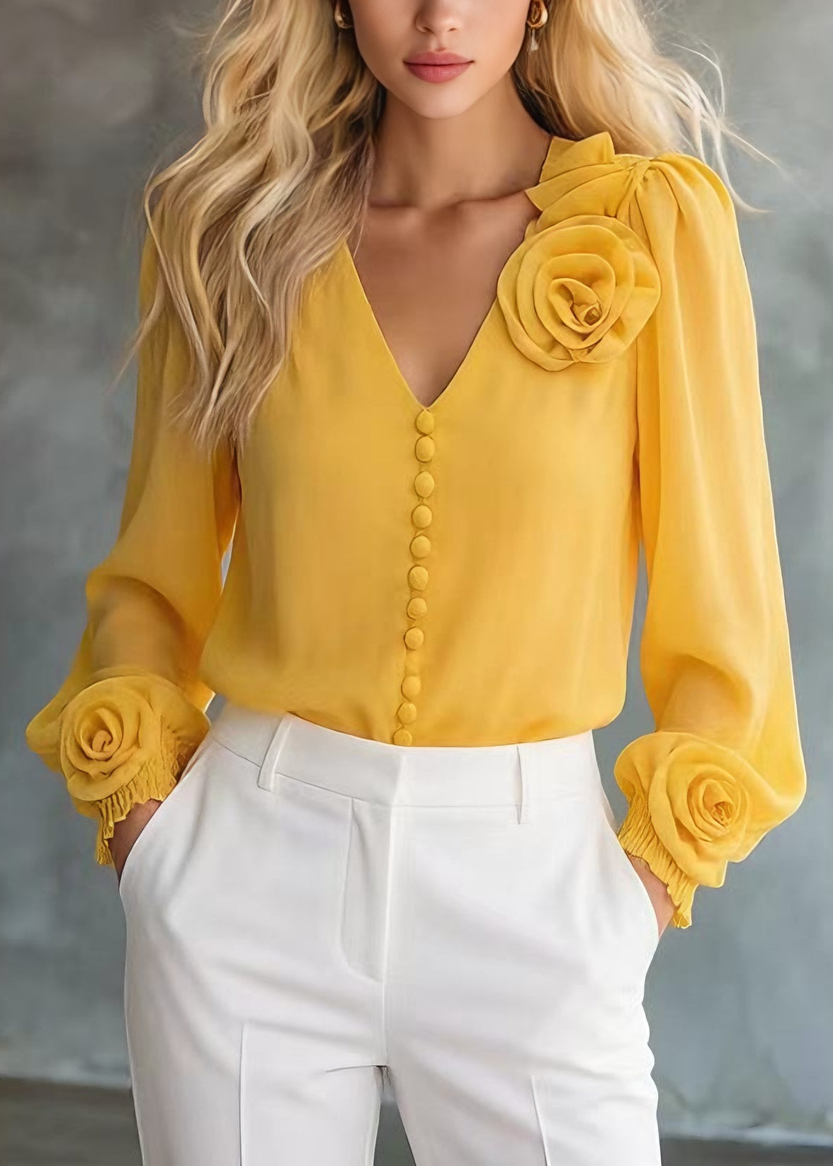Unique Yellow V Neck Chiffon Shirt Tops Spring